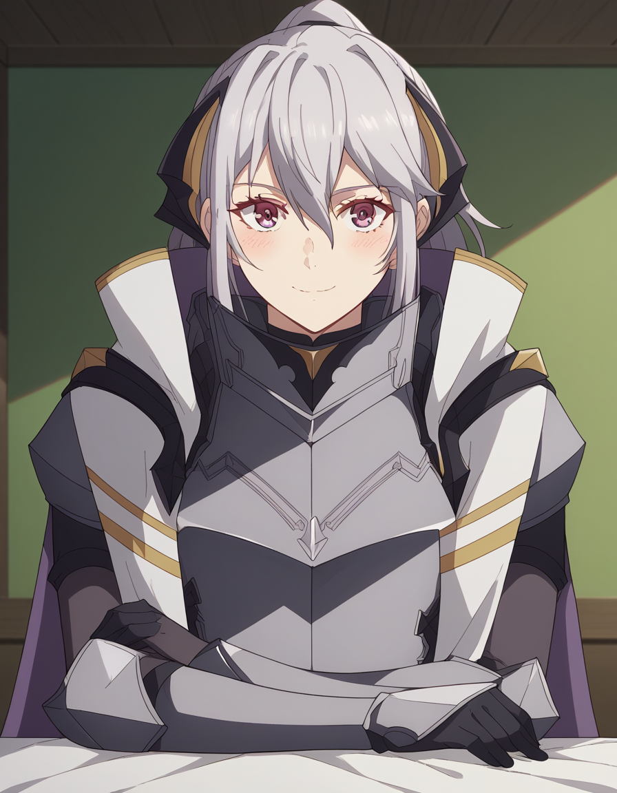 score_9, score_8_up, score_7_up, source_anime, <lora:jeanne-e-anise-s1-ponyxl-lora-nochekaiser:1>, jeanne e anise, bangs, purple eyes, ponytail, hair ribbon, black ribbon, hair between eyes, grey hair, medium breasts,, gloves, black gloves, cape, armor, breastplate, indoors, bed, bed room, on side, blush, drunk,, smile, looking at viewer, sitting, elbow rest, table,, solo,, cowboy shot, dutch angle