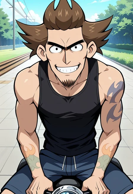 masterpiece, best quality, amazing quality, very aesthetic, absurdres, newest, high quality, detailed, male, solo male, Dirk, 1boy, mature male, male, athletic build, human, black eyes, facial hair, goatee, brown hair, tattoos, unibrow, black tank top, looking at viewer, grinning, dark blue shorts, sitting on motorcycle, half body, outdoors, day time, boardwalk