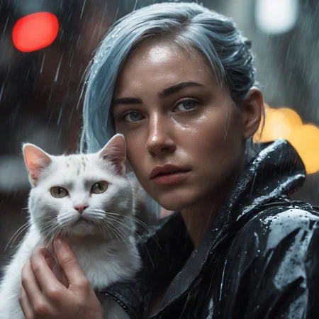 RAW photo, (photo flash:1.5) (fashion photography) (pictorialist style), fashion shot, realistic photo style, sharp focus,
(full body shot) of a 20 yo girl with ice blue hair in future clothes, angry or crying and sad looking, tearful and open-mouthed, reveal sorrow, open mouth, teary, tear, sorrow, crying, transparent liquid, water tears, glass tears, cute face, eye level, focus on eyes,
she ist wearing a sleek metallic jumpsuit with holographic accents, LED-lit seams, form-fitting silhouette, iridescent fabric, touch-responsive panels, adaptive color-changing, avant-garde asymmetry, integrated tech accessories, gravity-defying drapes, translucent mesh inserts, biomimetic textures, 3D-printed details, energy-efficient materials, microfiber sensors, minimalist cutouts, modular layering, neural interface compatibility, solar-charging capabilities
She is holding a white cat, rain, (wet fur:1.2), water droplets, puddles, drenched, shimmering, damp paws, misty air, whiskers glistening, gray skies, reflective eyes, soggy whiskers, damp nose, fur clinging, splashing, damp coat, rainy day, water-soaked, watery world
photo location is a night scene from blade runner movie: moviestill, (bright dazzling neon lights:1.3), futuristic skyline, neon-lit alleys, rain-soaked pavement, towering skyscrapers, gritty urban sprawl, synthetic humans, bustling crowds, holographic billboards, flying vehicles, dimly lit shops, cyberpunk aesthetics, dystopian atmosphere, steamy vents, flickering lights, androids in shadows, moody reflections, artificial intelligence, techno-noir setting, dark mysteries, urban decay, rain-slicked streets, augmented reality, electronic hum, metropolitan dystopia, eerie silence, urban isolation, polluted skies, neon glow, tech-enhanced crime, melancholic undertones, enigmatic figures, uncertain future, digital billboards, glimmering advertisements, corporate dominance, haunting alleys, tech noir ambiance, abandoned corners, cybernetic implants, forbidden desires, existential questions, artificial lifeforms, ethereal music, looming architecture
dappled light on face, pale skin, no make-up, detailed face and eyes, natural skin texture, (highly detailed skin:1.1), (textured skin:1.1), (skin pores:1.1), (oiled shiny skin:0.5), (skin blemish:1.2), (imperfect skin:1.1), intricate skin details, visible skin detail, detailed skin texture, detailed eyes, round iris, remarkable detailed pupils, light reflections in her eye, visible cornea, highly detailed iris, tiny blood vessels in the eye, small freckles, wrinkles, pimples, beauty spot, <lora:polyhedron_all_sdxl-000004:0.7>
celluloid's unique character, film grain, (no depth of field:1.5), movie shot with (panavision panaflex gold camera:1.1) on (celluloid:1.2), shot by ridley scott, shot by Denis Villeneuve, best quality, masterpiece, ultra high res, (photorealistic:1.4), 8K raw photo, professional photography, award winning photo, ((light)) photography