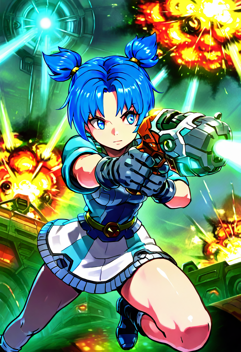 masterpiece, best quality, 1girl, solo,   zzVela, blue eyes, blue hair, short hair, twintails, short twintails, gloves, skirt,   <lora:VelaJetforce_IXL:1.0>, (aiming gun, foreshortening, dynamic pose), explosion, laser beam, epic cinematic scene.