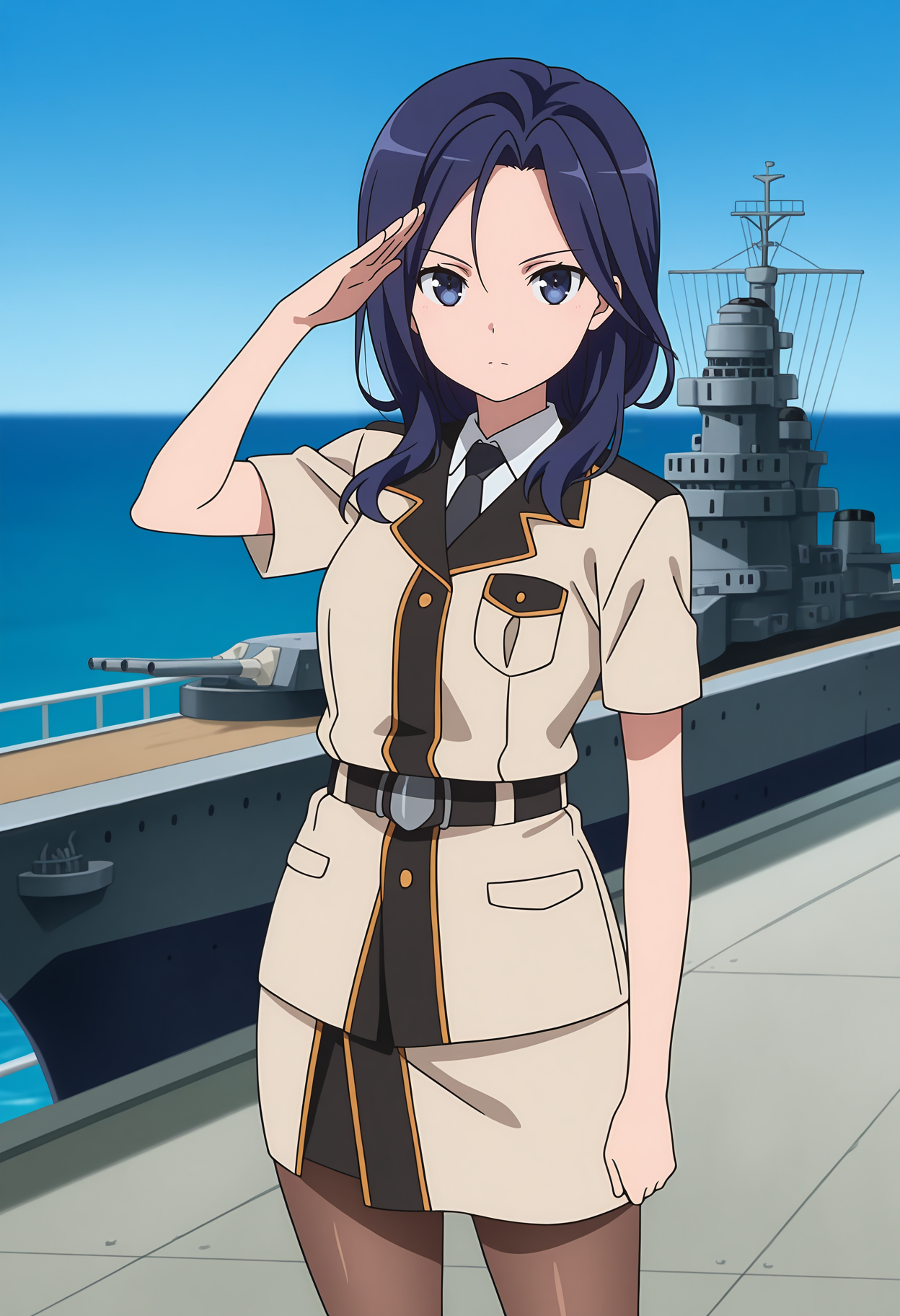 anime screencap, masterpiece, best quality,
<lora:HighSchoolFleet_FurushouKaoru_IlluXL:0.9>,
1girl, solo, serious,
parted bangs, forehead, long hair, blue hair, blue eyes,
naval uniform, collared shirt, white shirt, black necktie, short sleeves, breast pocket,
black belt, pencil skirt, brown pantyhose,
salute, standing, looking at viewer, cowboy shot, legs,
horizon, dock, outdoors, battleship, warship, blue sky, blurry background