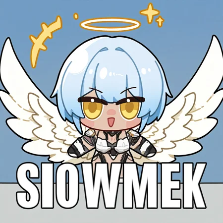 chibi, snowbreakmeme, snowbreak_chibi,1girl , solo, wings, open mouth, yellow eyes, armor, halo, dark-skinned female, dark skin, looking at viewer, feathered wings, angel, blue hair, short hair , \n<lora:snowbreakmeme_noobai_v1.0-000030:1>,