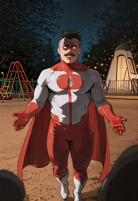 masterpiece, newest,absurdres,incredibly absurdres, best quality, amazing quality, very aesthetic,
, depth of field, blurry foreground, bokeh,park, playground, palmeras, solo, 1 ,male, muscle male,
Omnimman,skintight suit, red O shaped chest emblem,red gloves, red colored suit's lower part, red cape, white boots,moustache, old man, gray hair, Nolan grayson, black hair on top,Multi colored hair,
,flying, extended hands, happy, smile, cute,
re4lity_sync_illu,shaded face, (black face:1.2),glowing eyes