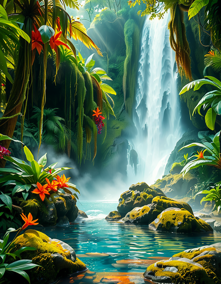 A stunning and tranquil view of a jungle waterfall cascading down smooth, moss-covered rocks into a crystal-clear pool below. The scene is surrounded by dense, lush greenery, with towering tropical trees and vibrant, oversized ferns creating a natural canopy that filters sunlight into dappled patterns on the forest floor. Brightly colored flowers in shades of red, orange, and purple add splashes of color among the greenery, while vines and roots wind their way around the rocks and trees. Mist rises from the base of the waterfall, catching the sunlight and creating a soft, ethereal glow, with a faint rainbow visible in the spray. Exotic birds with iridescent feathers can be seen perched on branches, and the faint sound of distant animal calls adds to the sense of a thriving, untouched paradise. The overall atmosphere is serene, magical, and vibrant, capturing the untamed beauty of nature.<lora:SDXLFaeTastic2400:0.4> <lora:extremely_detailed:0.4> extremely detailed, <lora:Jungle_w4t3rf4ll:1>,Jungle w4t3rf4ll, Masterpiece,best quality,hi res,8k,hi res,8k,award winning,(sharp focus, intricate, highly detailed),