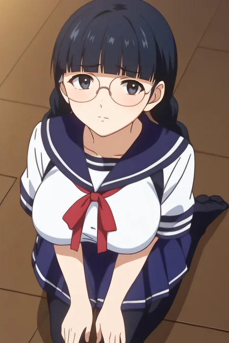 score_9, score_8_up, score_7_up, source_anime, rating_safe, intricate details, anime screencap, official style, 1girl, solo, <lora:Kurata_Nao:1>, kuratanao, black hair, black eyes, blunt bangs, twinbraids, glasses, school uniform, sailor collar, short sleeves, red ribbon, blue skirt, pleated skirt, black thighhighs, looking at viewer, kneeling, embarrased, full body, blush, from above, large breasts