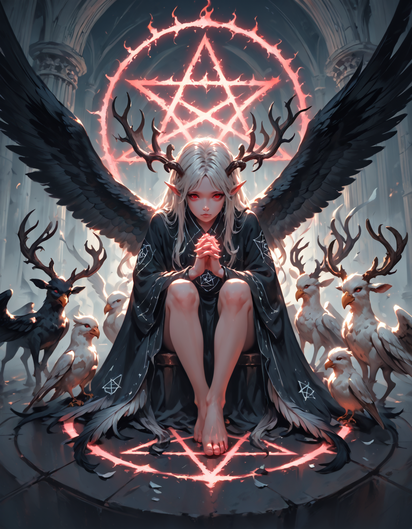 score_9, score_8_up, score_7_up, a woman with angel wings sits in the middle of a circle of light, 1girl, solo, long hair, looking at viewer, red eyes, jewelry, sitting, white hair, wings, horns, barefoot, pointy ears, glowing, animal, halo, own hands together, feathered wings, black wings, robe, antlers, magic circle, pillar, pentagram, hexagram
