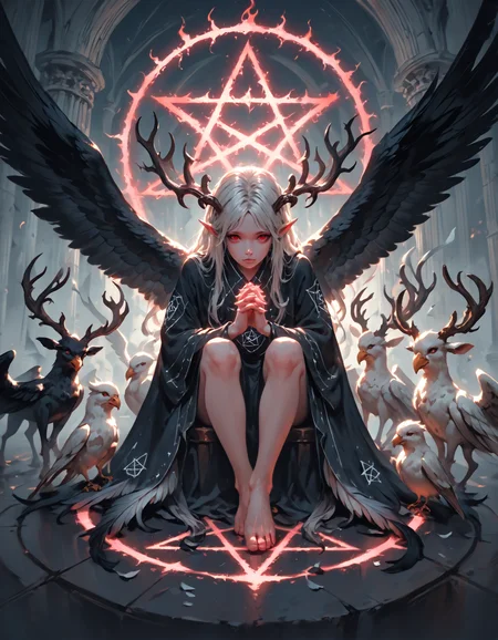 score_9, score_8_up, score_7_up, a woman with angel wings sits in the middle of a circle of light, 1girl, solo, long hair, looking at viewer, red eyes, jewelry, sitting, white hair, wings, horns, barefoot, pointy ears, glowing, animal, halo, own hands together, feathered wings, black wings, robe, antlers, magic circle, pillar, pentagram, hexagram