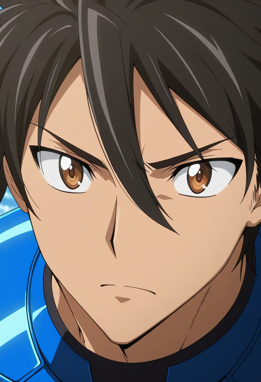 masterpiece, best quality, intricate details, anime screencap, anime coloring, official style, , 1boy, solo, male focus, <lora:takashi_komuro_ilxl:0.92>, takashi_komuro, black hair, brown eyes, short hair, hair between eyes, , superhero costume