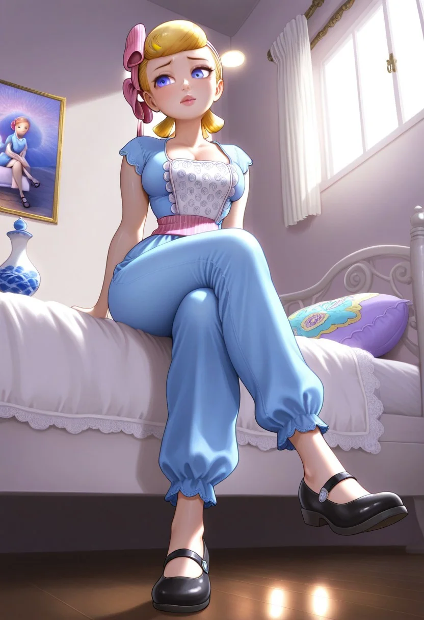 masterpiece, best quality, amazing quality, very aesthetic, absurdres, newest, solo, TSbopeep, porcelain figurine, blonde hair, short hair, blue eyes, lips, blue top, short sleeves, blue pants, pink waistband, pink hair bow, black shoes, mary janes, large breasts, sitting on bed, crossed legs, from below, indoor bedroom, white wall, brown floor, white lights, bed