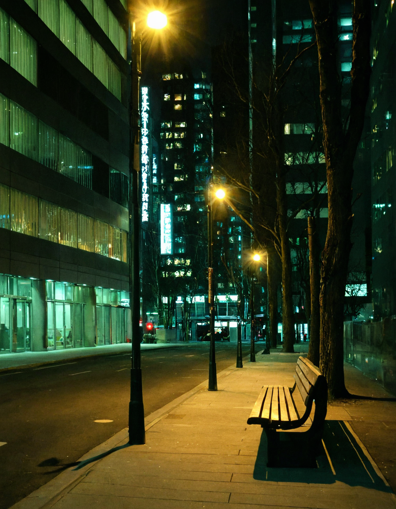 <lora:RokuSignHD:1>,rokusignhd,scenery,building,city,outdoors,cityscape,skyscraper,city lights,, a city street with a few signs on the buildings and a sidewalk with a bench on it and a light on [1]