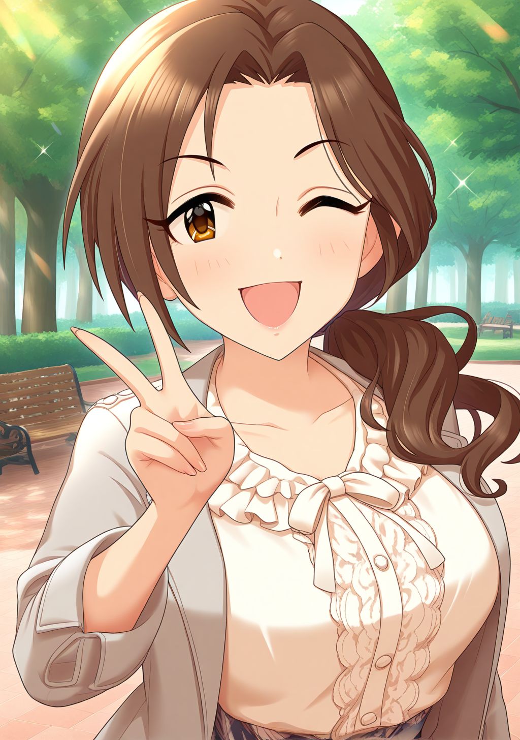 masterpiece, best quality, absurdres, perfect lighting,shiny skin,<lora:StS-Illustrious-Detail-Slider-v1.0:3>,<lora:illustrious_noobai_epsilon_pred_1_best_quality_v1:1>,1girl,large breasts,kawashima mizuki,brown hair, brown eyes, long hair, <lora:kawashima_mizuki:1>,parted bangs,low ponytail,hair over shoulder,brown eyes,pink frilled shirt,gray jacket,park,tree,peace_sign,wink,smile,open mouth,idolmaster cinderella girls, official art,