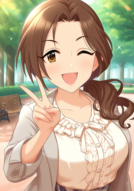masterpiece, best quality, absurdres, perfect lighting,shiny skin,<lora:StS-Illustrious-Detail-Slider-v1.0:3>,<lora:illustrious_noobai_epsilon_pred_1_best_quality_v1:1>,1girl,large breasts,kawashima mizuki,brown hair, brown eyes, long hair, <lora:kawashima_mizuki:1>,parted bangs,low ponytail,hair over shoulder,brown eyes,pink frilled shirt,gray jacket,park,tree,peace_sign,wink,smile,open mouth,idolmaster cinderella girls, official art,