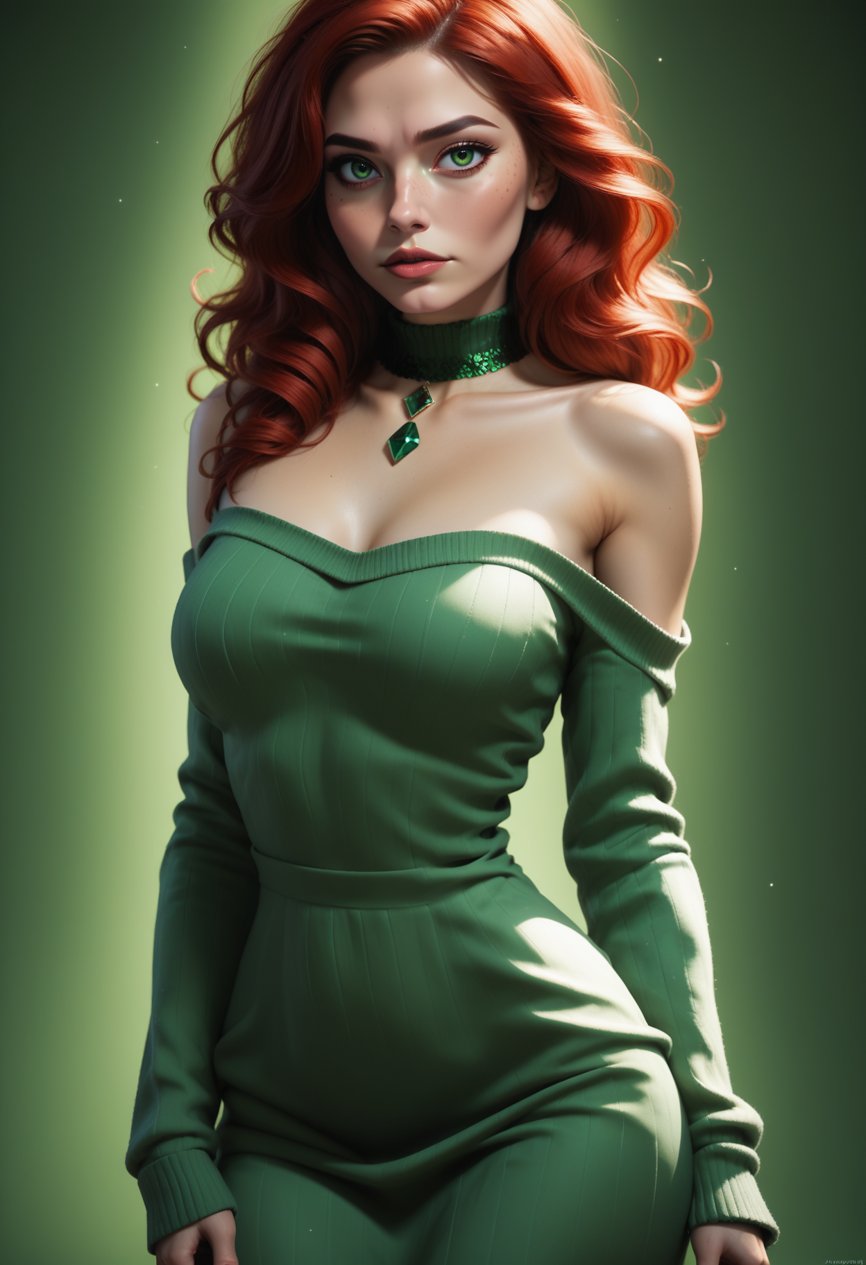 score_9, score_8_up, score_7_up, 1girl, solo, cowboy shot, sexy sweater dress, green dress, scoop neck, bare shoulders, emerald choker, <lora:Dark_Autumn_Pony_v0.1:0.5> d4rk4utumn, red hair, green eyes,