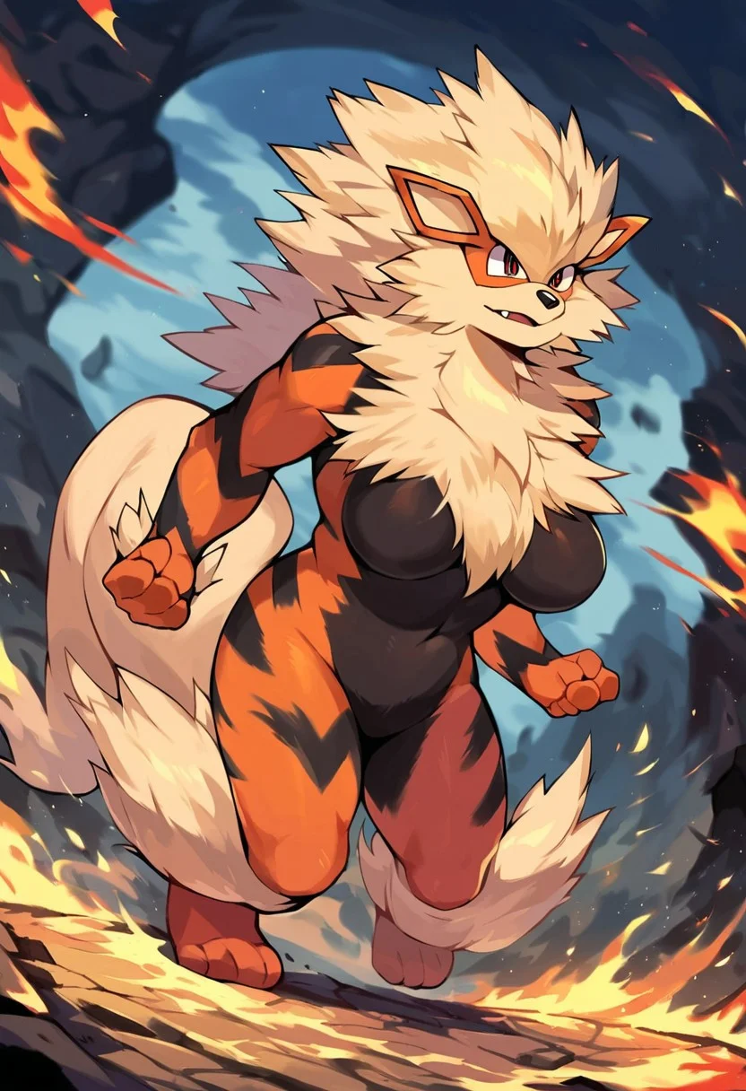 score_9, score_8_up, score_7_up, score_6_up, source_furry, dof, full-length portrait, solo, blurred background, <lora:POKEMON_ARCANINE:1> 1girl, large breasts, no nipples, no privates, arcanine, pokemon (creature), cinematic, action, motion blur, dynamic angle, fire