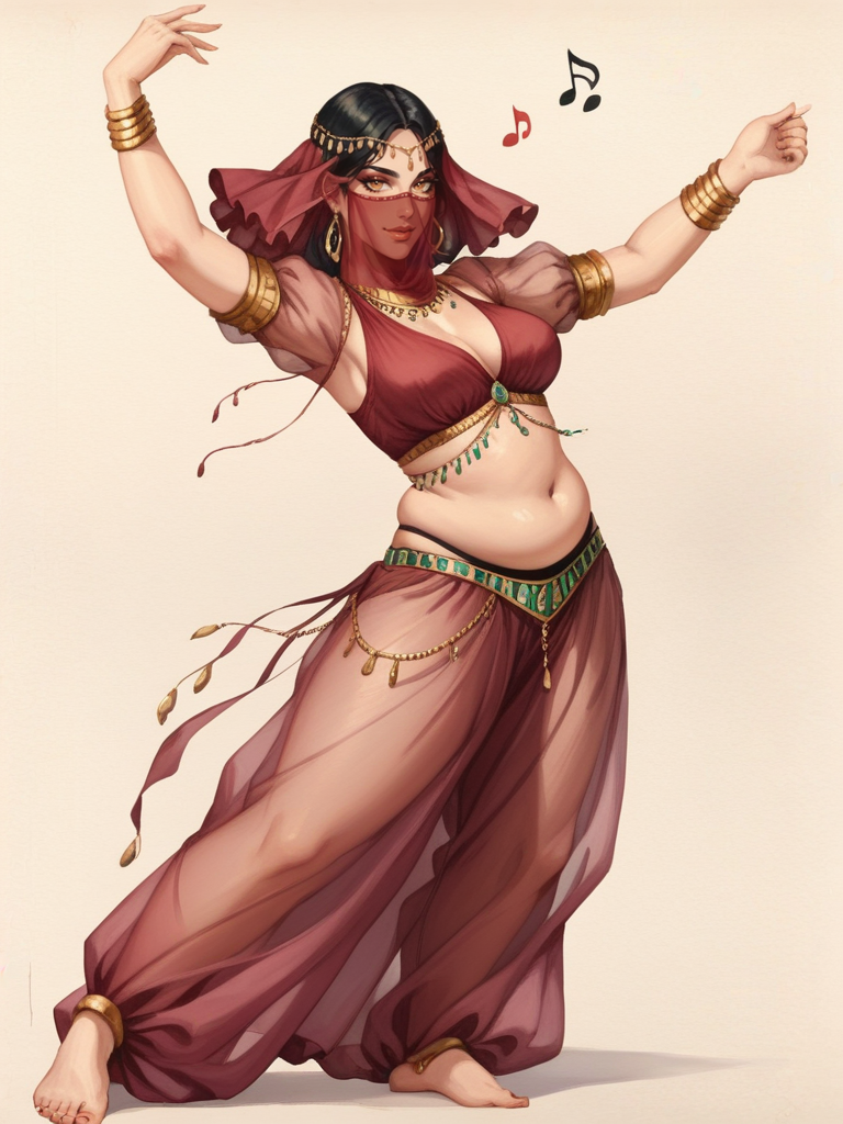 score_9, score_8_up, score_7_up,  <lora:Oblivion:1> oblivionarts, 1girl, female, chubby, dancing, bellydancer, face veil, belly chain, harem pants, sheer pants, juliet sleeves, sheer shirt, seductive smile, musical notes, ((simple background)), ornate border