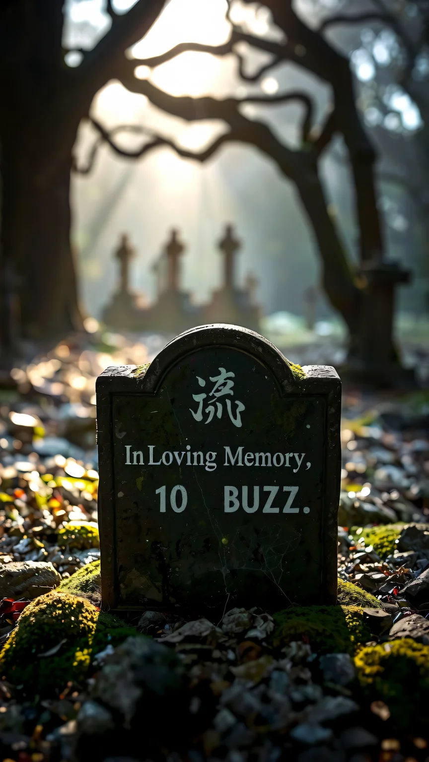 (Realistic cemetery photography): Weathered tombstone in overgrown graveyard. Moss-covered stone reads ((('In Loving Memory 10 BUZZ'))) in faded kanji. Soft, misty morning light filters through gnarled trees. Dew-covered spider webs glisten between graves. Long shadows stretch across uneven ground. Sharp focus on inscription, blurred background of neglected monuments. Muted colors emphasize somber atmosphere. Captures passage of time and forgotten memories.