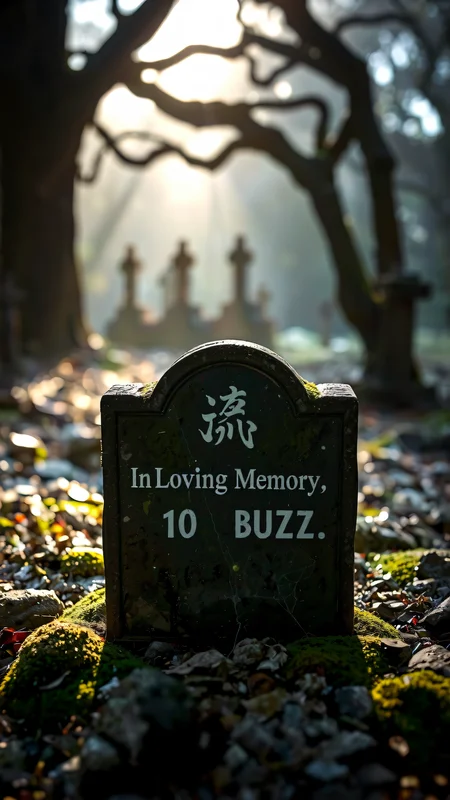 (Realistic cemetery photography): Weathered tombstone in overgrown graveyard. Moss-covered stone reads ((('In Loving Memory 10 BUZZ'))) in faded kanji. Soft, misty morning light filters through gnarled trees. Dew-covered spider webs glisten between graves. Long shadows stretch across uneven ground. Sharp focus on inscription, blurred background of neglected monuments. Muted colors emphasize somber atmosphere. Captures passage of time and forgotten memories.