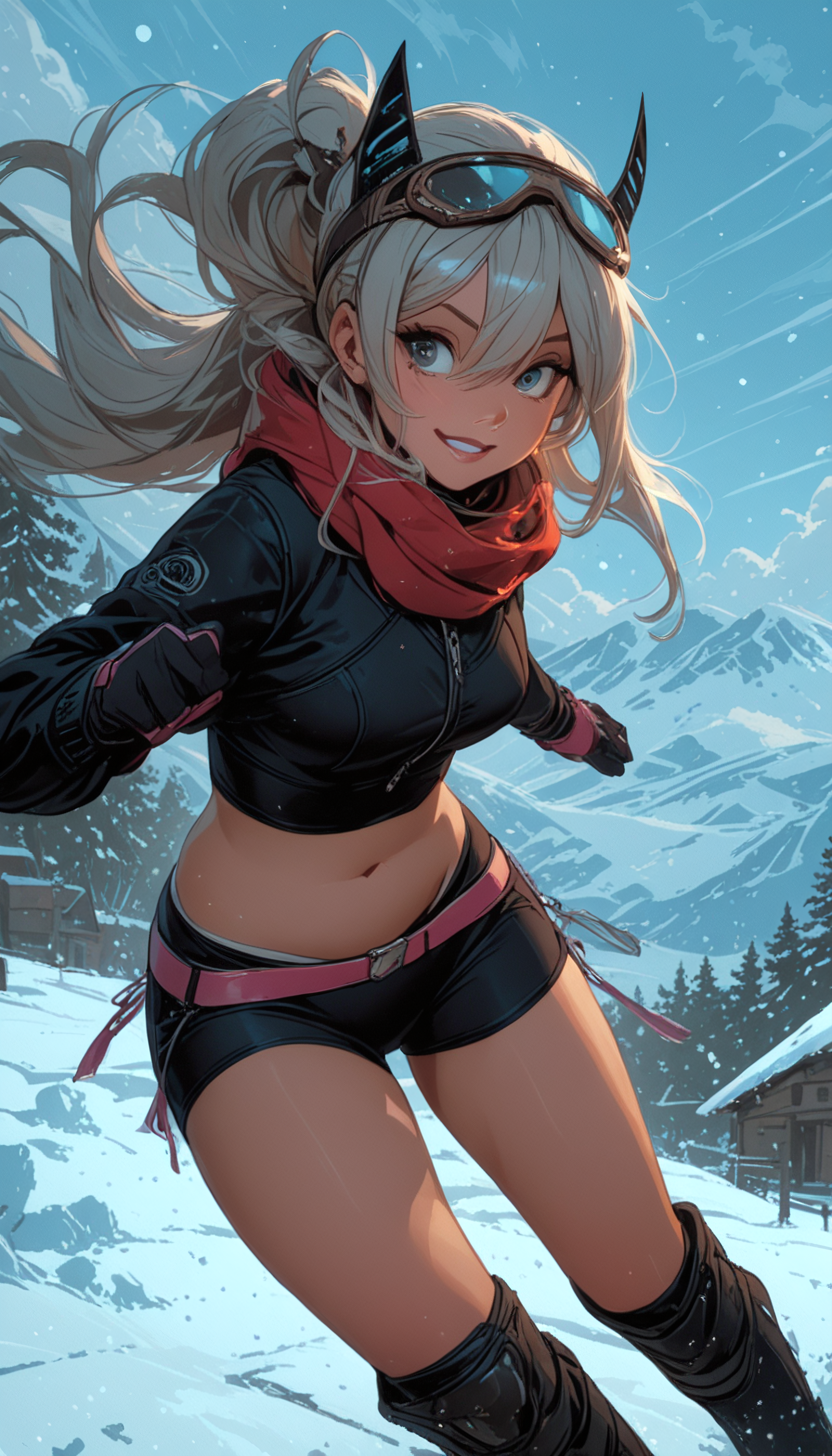 Stable_Yogis_PDXL_Positives, zPDXL3, Expressiveh, Shinkaistyle, score_9, score_8_up, score_7_up, masterpiece, midjourneyv6.1, perfect eyes, tall, slender body, tight body, slim body, fit body, high reflexion in water, vivid colors, vibrant colors, decarloxl, retro colors, 60s, (deep blue eyes:1.9), (1girl:1.9), almond eyes, big eyes, blue sky, sunny day, BREAK, 1girl, solo, long hair, breasts, looking at viewer, blush, smile, bangs, blue eyes, shirt, hair ornament, thighhighs, gloves, long sleeves, navel, animal ears, hair between eyes, medium breasts, very long hair, underwear, standing, panties, jacket, ponytail, white hair, grey hair, sidelocks, thighs, boots, outdoors, parted lips, horns, sky, shorts, teeth, solo focus, day, black gloves, socks, midriff, striped, belt, cloud, hand up, stomach, scarf, grin, tree, blue sky, black jacket, crop top, kneehighs, black shirt, short shorts, dutch angle, v, floating hair, feet out of frame, fake animal ears, turtleneck, headgear, black shorts, sunlight, knee boots, cloudy sky, goggles, bike shorts, building, multicolored clothes, snow, zipper, cropped jacket, goggles on head, red scarf, snowing, mountain, white scarf, winter clothes, fake horns, zipper pull tab, knee pads, w, crop top overhang, winter, undershirt, pink gloves, leg warmers, panty peek, mountainous horizon, pink scarf, two-tone gloves, multicolored gloves, footprints, snowball, pink belt, BREAK (panty bulge:1.05), nipple bulge, (parted lips:1.2), (plump lips:1.2), (glossy lips:1.15), sensual smile, (lineless:1.5),