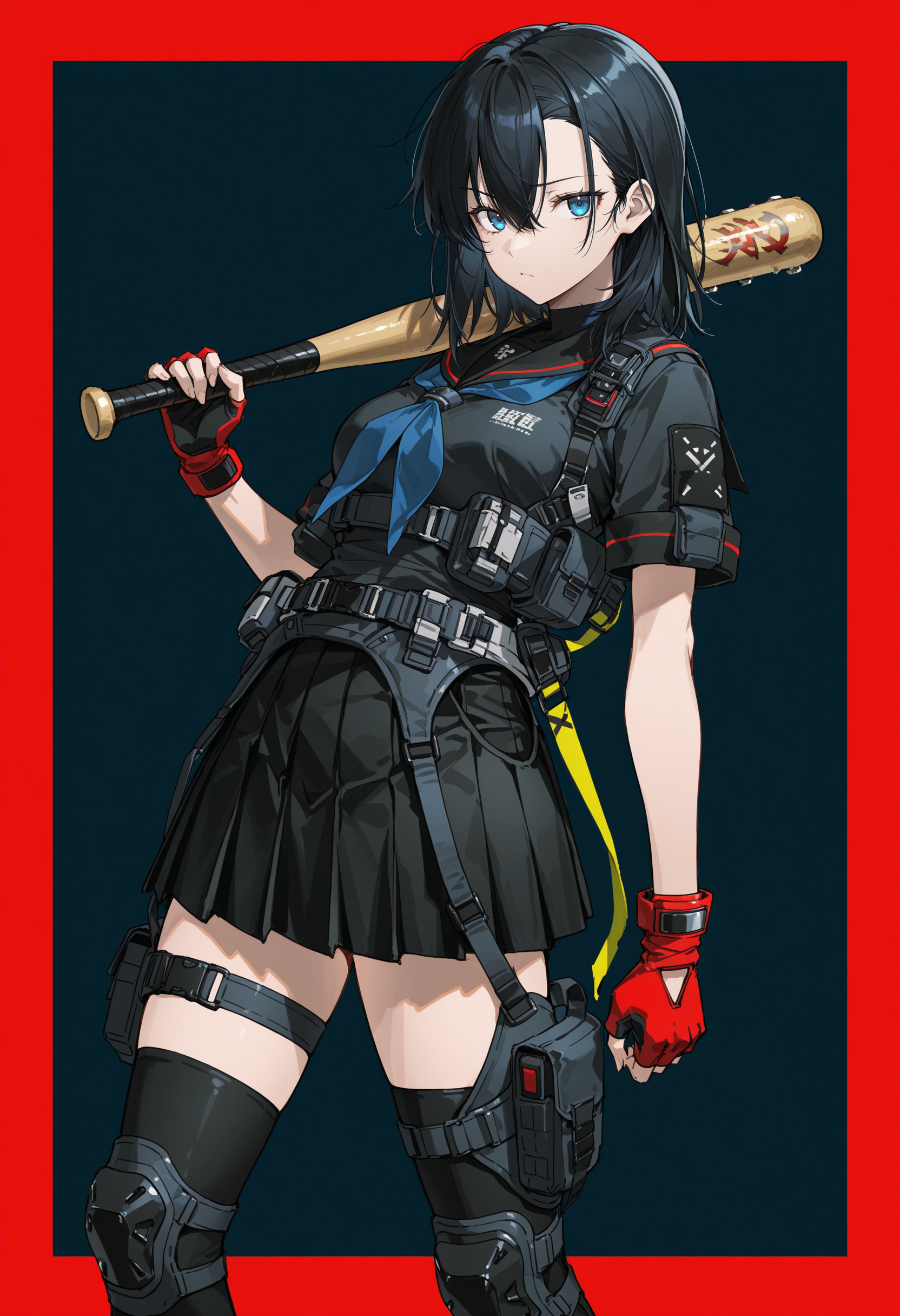 sketch, 1girl, dark blue background, simple background, light frown, looking at viewer, raised inner eyebrow, blue eyes, black hair, medium hair, hair between eyes, blue neckerchief, black sailor collar, black skirt, pleated skirt, red gloves, fingerless gloves, knee pads, sway back, closed mouth, solo, short sleeves,  :/, black thighhighs, thigh strap, techwear, holding baseball bat, weapon over shoulder, red border, outside border, 
<lora:illustrious_noobai_epsilon_pred_1_masterpieces_v1:1> masterpiece, very aesthetic, absurdres, <lora:NOOB_vp1_detailer_by_volnovik_v1:0.6>, <lora:spo_sdxl_10ep_4k-data_lora_webui:1>,  <lora:z3zz4_075:0.8>