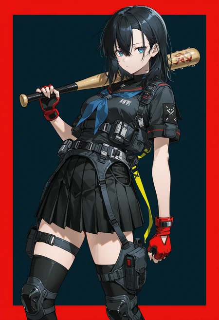 sketch, 1girl, dark blue background, simple background, light frown, looking at viewer, raised inner eyebrow, blue eyes, black hair, medium hair, hair between eyes, blue neckerchief, black sailor collar, black skirt, pleated skirt, red gloves, fingerless gloves, knee pads, sway back, closed mouth, solo, short sleeves, :/, black thighhighs, thigh strap, techwear, holding baseball bat, weapon over shoulder, red border, outside border,
<lora:illustrious_noobai_epsilon_pred_1_masterpieces_v1:1> masterpiece, very aesthetic, absurdres, <lora:NOOB_vp1_detailer_by_volnovik_v1:0.6>, <lora:spo_sdxl_10ep_4k-data_lora_webui:1>, <lora:z3zz4_075:0.8>