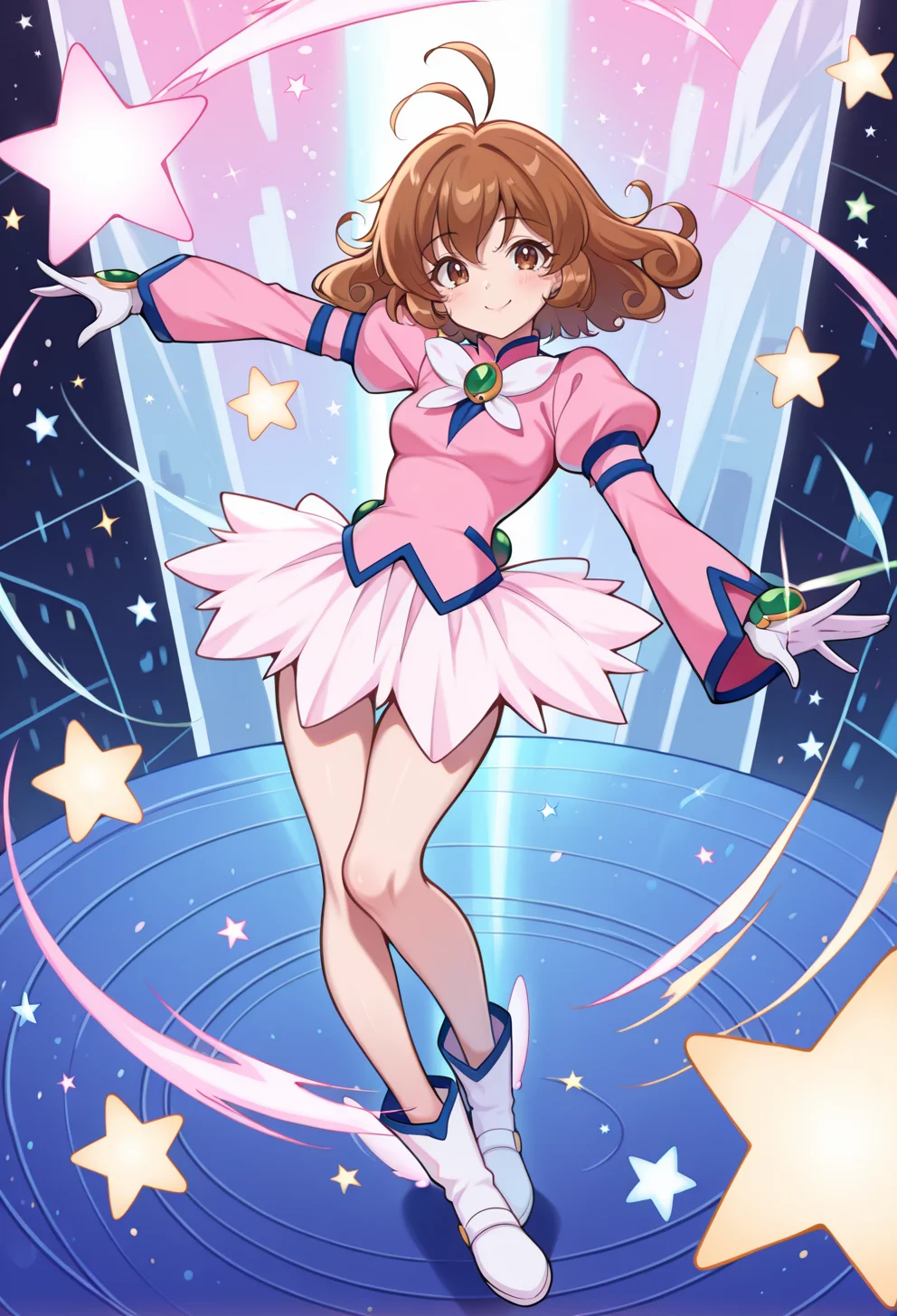 masterpiece, best quality, high quality, anime, <lora:AEYui_1:1>
AeYuiMagi, brown eyes, brown hair, curly hair, short hair, magical girl, brooch, pink shirt, juliete sleeves, long sleeves, puffy sleeves, white gloves, white skirt, bare legs, boots, white footwear, smile, full body, outstretched arm, cyberspace, star \(symbol\),