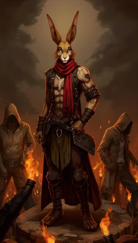<lora:ck-LttleGhost-000011.safetensors:1> in the style of ck-lttlegh0stAn anthropomorphic rabbit stands confidently amidst fiery torches, flanked by hooded figures. It wears rugged medieval attire, including a red scarf, leather straps, and a studded belt. Earthy tones evoke a gritty atmosphere, while realistic textures blend with fantasy elements to create a sense of dynamic tension.
