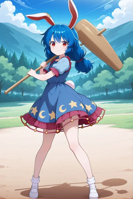 absurdres, highres, masterpiece, best quality, amazing quality, official anime artwork, screencap, anime screencap, outdoors, looking at viewer, light smile, dynamic pose, standing,
 <lora:Seiran_Illustrious:1> seiran, 1girl, solo, red eyes, blue hair, long hair, low twintails, rabbit ears, rabbit tail,, earclip, blue dress, short sleeves, crescent print, star print, white socks, white footwear, holding mallet,