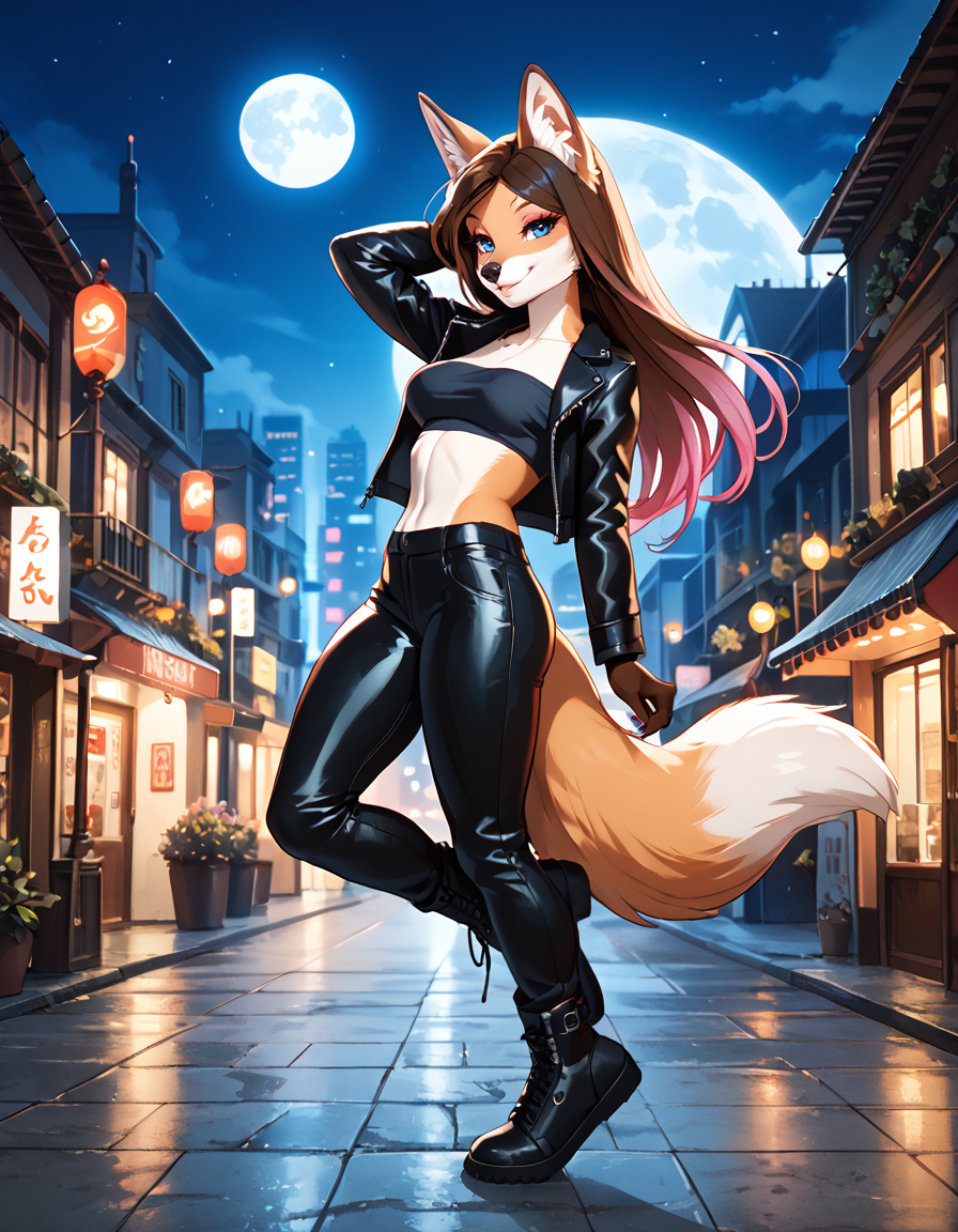 score_9,score_8_up,score_7_up,score_6_up,
outdoors,city,night, night sky, full moon, 
full body,seductive smile,parted lips,long eyelashes,
leather pants,tube top, leather jacket, pose,
<lora:Helga_v01_PDXL:1>,Helga,1girl,solo,furry female,fox girl,long hair,gradient hair,multicolored hair,fox ears,animal ear fluff,blue eyes,snout,animal nose,body fur,two tone fur,brown fur,white fur,