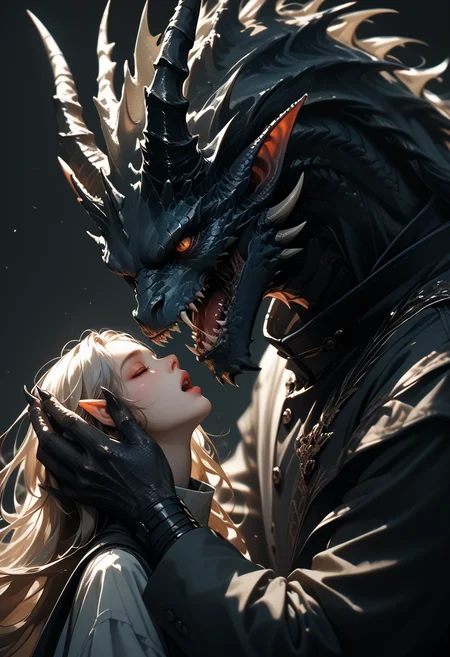 (score_9, score_8_up), score_7_up, 1girl, long hair, floating hair, open mouth, simple background, long sleeves, holding, closed eyes, upper body, parted lips, horns, teeth, pointy ears, grey background, looking at another, from side, sketch, coat, fingernails, profile, own hands together, looking up, demon, monster, dragon, black claws, black finger nails,
depth of field, blurry background, black background, dark, CINE
 <lora:unholy-000009:0.75>   <lora:CINE-000008:0.5>