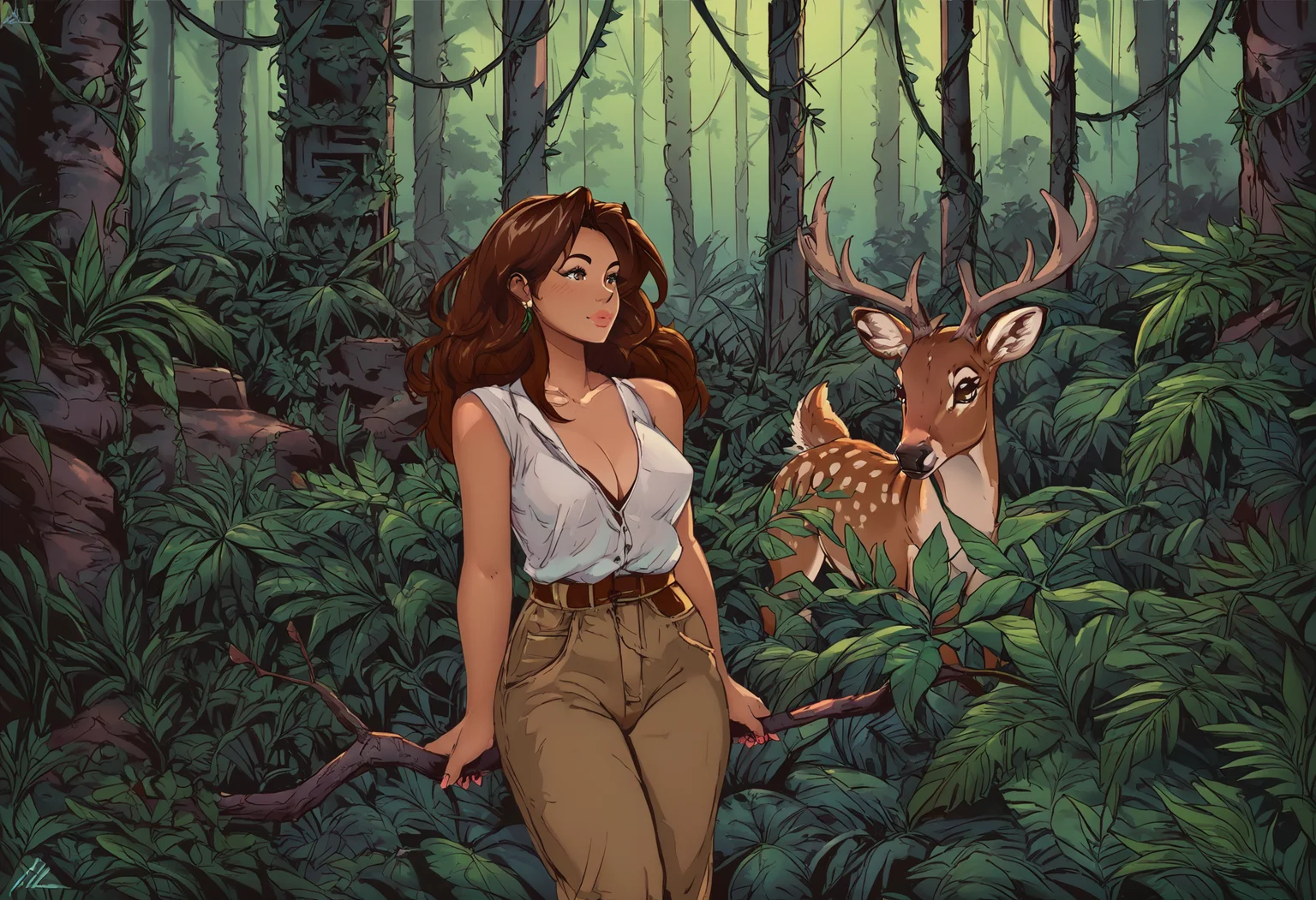 score_9, score_8_up, score_8, 1girl, full body shot of a woman next to a deer, smile, breasts, cleavage, a photo of a beautiful woman, brown hair, in a linen pants and white sexy shirt, tailor clothes, hair of medium length, fluttering in the wind, deer, jungle, full body, blush, flowing hair, makeup, earing, outdoors, ivy, thorns, grass, a jungle forest, leaf, bush, plant, roots, branch, long hair, solo, drawing, retro, vintage, art, style, Astral Grave <lora:Astral Grave:1.2> <lora:Pony_DetailV2.0:1>