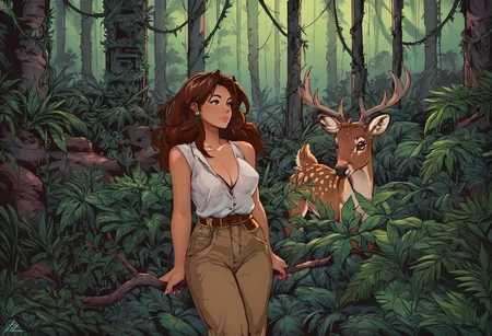 score_9, score_8_up, score_8, 1girl, full body shot of a woman next to a deer, smile, breasts, cleavage, a photo of a beautiful woman, brown hair, in a linen pants and white sexy shirt, tailor clothes, hair of medium length, fluttering in the wind, deer, jungle, full body, blush, flowing hair, makeup, earing, outdoors, ivy, thorns, grass, a jungle forest, leaf, bush, plant, roots, branch, long hair, solo, drawing, retro, vintage, art, style, Astral Grave <lora:Astral Grave:1.2> <lora:Pony_DetailV2.0:1>