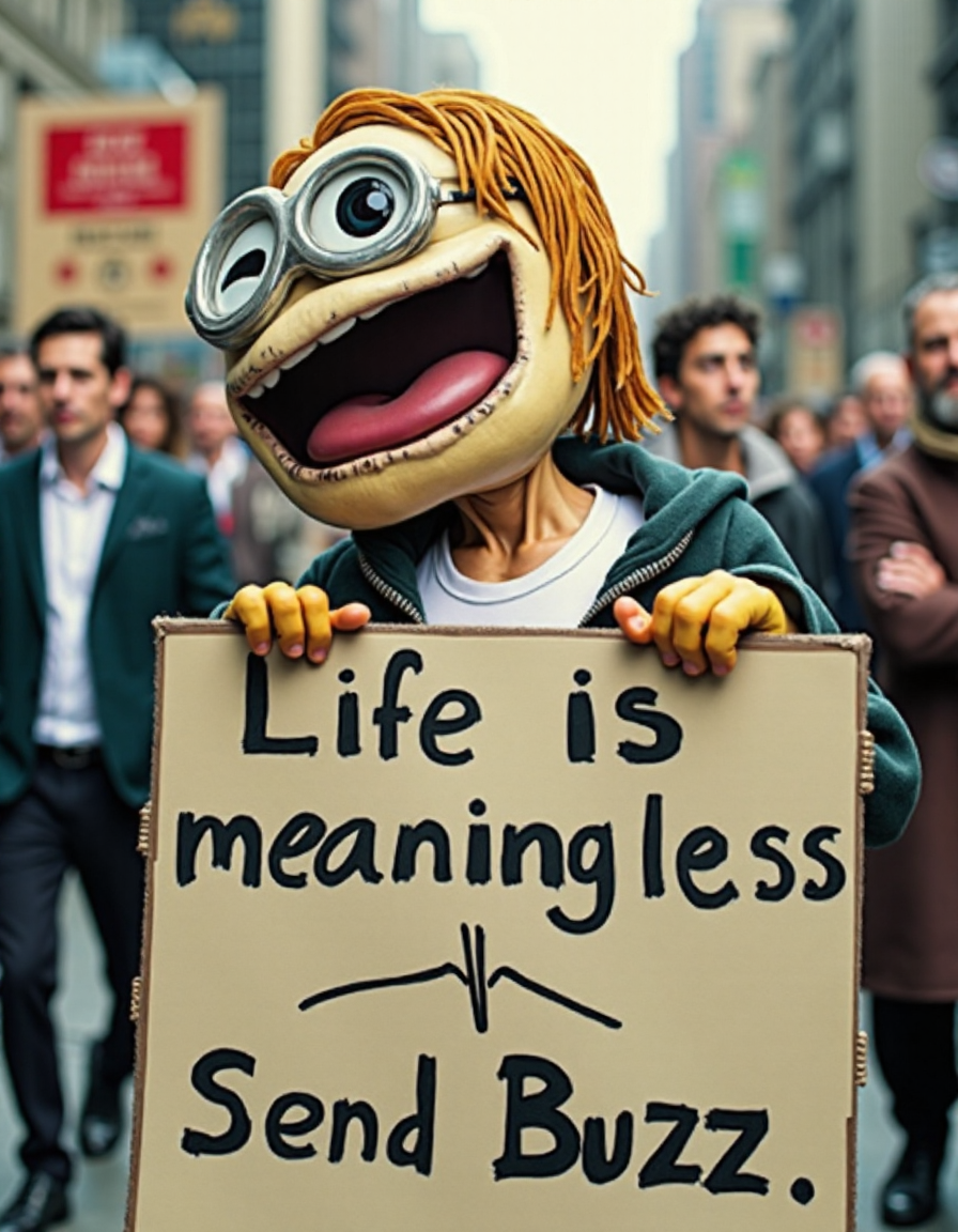 Life is meaningless, send Buzz. holding a sign that says "Life is meaningless, send Buzz".