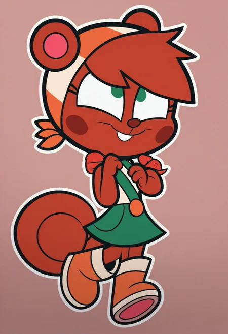 Score_9, score_8_up, score_7_up, solo, thick outline, black outline, Mitzi, 1girl, furry, furry female, short hair, tail, animal ears, green eyes, squirrel tail, orange hair, blush stickers, shirt, boots, sleeveless, sleeveless shirt, orange footwear, skirt, happy,