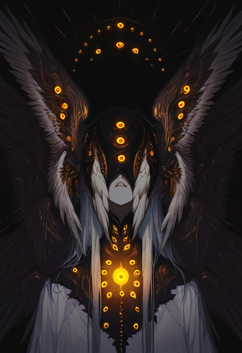 solo, 1girl, baa mask, extra eyes, multiple wings, head wings, covered eyes, colored sclera. xxx667_illu,4ki4k4ne_illu, glowing, smooth, masterpiece, best quality,absurdres, very awa,