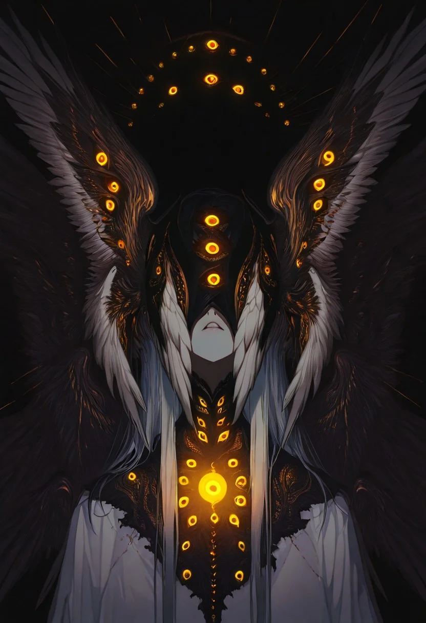 solo, 1girl, baa mask, extra eyes, multiple wings, head wings, covered eyes, colored sclera. xxx667_illu,4ki4k4ne_illu, glowing, smooth, masterpiece, best quality,absurdres, very awa,