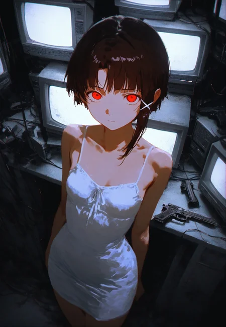 safe_pos, masterpiece, high score, great score, absurdres, 1girl, iwakura lain, serial experiments lain, asymmetrical hair, bare shoulders, breasts, brown hair, cable, closed mouth, computer, crt, dark, dress, gun, hair ornament, hairclip, handgun, indoors, looking at viewer, monitor, red eyes, short hair, sig p220/p226, sig sauer, sleeveless, small breasts, solo, weapon, white dress, x hair ornament, darkness, dark room, from above, photo background, spot colors, dutch angle, dark, chromatic aberration, faux traditional media, painterly, cold color, impressionism