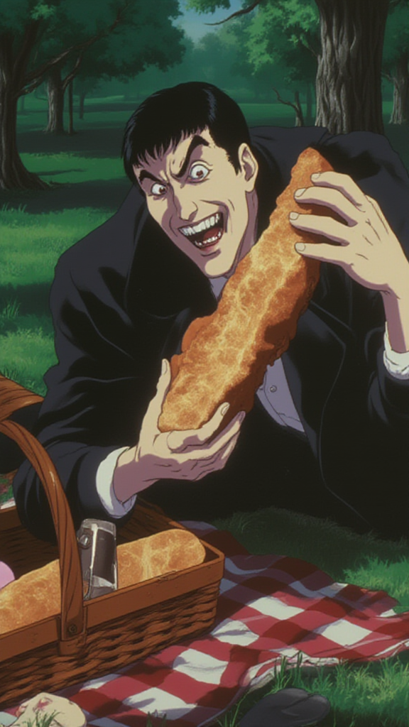 Chest-up shot of a male vampire, his fangs bared in a playful grin as he lifts a fresh, golden loaf of bread from a picnic basket. His expression is one of joyful satisfaction, his eyes bright with amusement. He’s dressed in a dark, vintage coat, the rich brown of the bread contrasting with his pale hands. The background features a sunny park, with a blanket spread out under the shade of a large tree. 1980s anime screengrab, VHS quality, vidsynthsynth, video synth, analog distortion, color contrast, warm moonlight rimlight, egmid, hand.