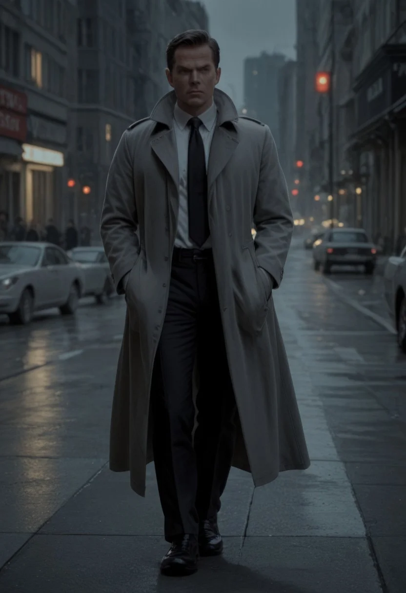 score_9, score_8, score_7, (city background), night, dramatic light, sketch, 1man mature, blue eyes, black trenchcoat, grey coat, black tie, white shirt, black pants, black shoes, irritated, hold a gun, aiming the viewer