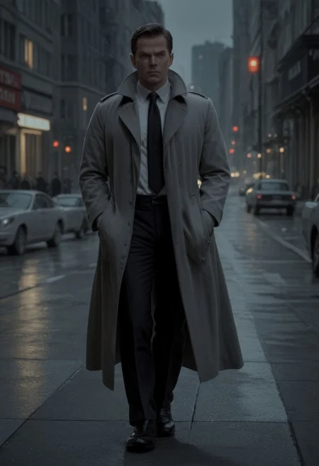 score_9, score_8, score_7, (city background), night, dramatic light, sketch, 1man mature, blue eyes, black trenchcoat, grey coat, black tie, white shirt, black pants, black shoes, irritated, hold a gun, aiming the viewer