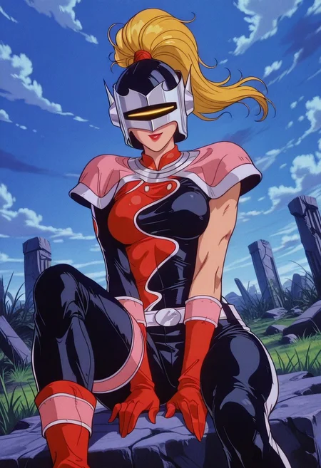 MandoraTC, 1girl, solo, blonde hair, long hair, ponytail, helmet, mask, yellow visor, lips, red lipstick, large breast, pink shoulder wrap, multicolored bodysuit, asymmetrical clothes, pink vambraces, red gloves, thick thighs, belt, red boots, tight bodysuit, shoulder pads, thigh holster,
,seductive pose, sexy pose, tease,
masterpiece, best quality, fine details, intricate details, depth of field, subsurface scattering, bokeh,
ultra-detailed, very aesthetic, detailed background, newest, scenery, highres, absurdres, colorful, vibrant, glowing, perfect face, 2d, perfect eyes, vibrant saturated colors, volumetric lighting, sharp, detailed eyes, perfect anatomy, perfect face, perfect eyes, mature body, clear eyes, beautiful eyes, athletic, curvy body, athletic girl, perky tits, perfect tits, round breasts, pinup pose, teasing, lustful expression, perfect hands,
muscular female, dutch angle,
floating hair, floating clothes, outdoors, sitting, stone, ruins, blue sky, cloud, grass,
,,Smooth Negative, Smooth_Quality,
90s_anime_aesthetic, 1990s (style), dark_fantasy_style, dark fantasy, retro,
