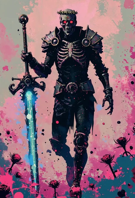 A skeletal knight, ribcage visible through tattered dark fabric, wearing blackened plate armor with ornate skull-shaped shoulder pauldrons and a small crown of thorns on its skull, holding a massive two-handed greatsword with a glowing light blue blade planted into the ground, three-quarter view from slightly below, surrounded by stylized pink and blue flowering vines and thorny branches against a soft, pale pink backdrop, dramatic rim lighting highlighting the bone structure and armor details, intricate details on the armor and sword, dark fantasy art, <lora:ArcaneFGTNR:0.8>, <lora:Luminous_Shadowscape:0.6>, <lora:FantasyWizardWitchesFluxV2-000001:0.8>