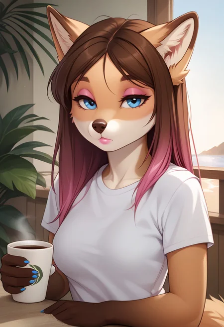 score_9,score_8_up,score_7_up,score_6_up,score_5_up,score_4_up, solo, Helga, 1girl, solo, furry female, fox girl, long hair, (gradient hair, multicolored hair, brown hair, pink highlights, messy hair), fox ears, animal ear fluff, blue eyes, body fur, two tone fur, brown fur, white fur, furry female, medium breasts, looking at viewer, slim body, fit body, perfect body, realistic, face focus, face close-up, close-up, (casual clothes, white t-shirt), glossy lipstick, pink lipstick, dutch angle, closed mouth, facing viewer, detailed fur, shiny hair, glossy hair, realistic hair, detailed hair, fingernails, blue nail polish, behind table, holding coffee mug, steaming hot coffee, ((sleepy, sleepy eyes, tired, morning coffee)), morning, super tired, exhausted, view from side, ((sunrise)), just awake, dead tired, realistic background, tropical island hotel, tropical island, furry, anthro