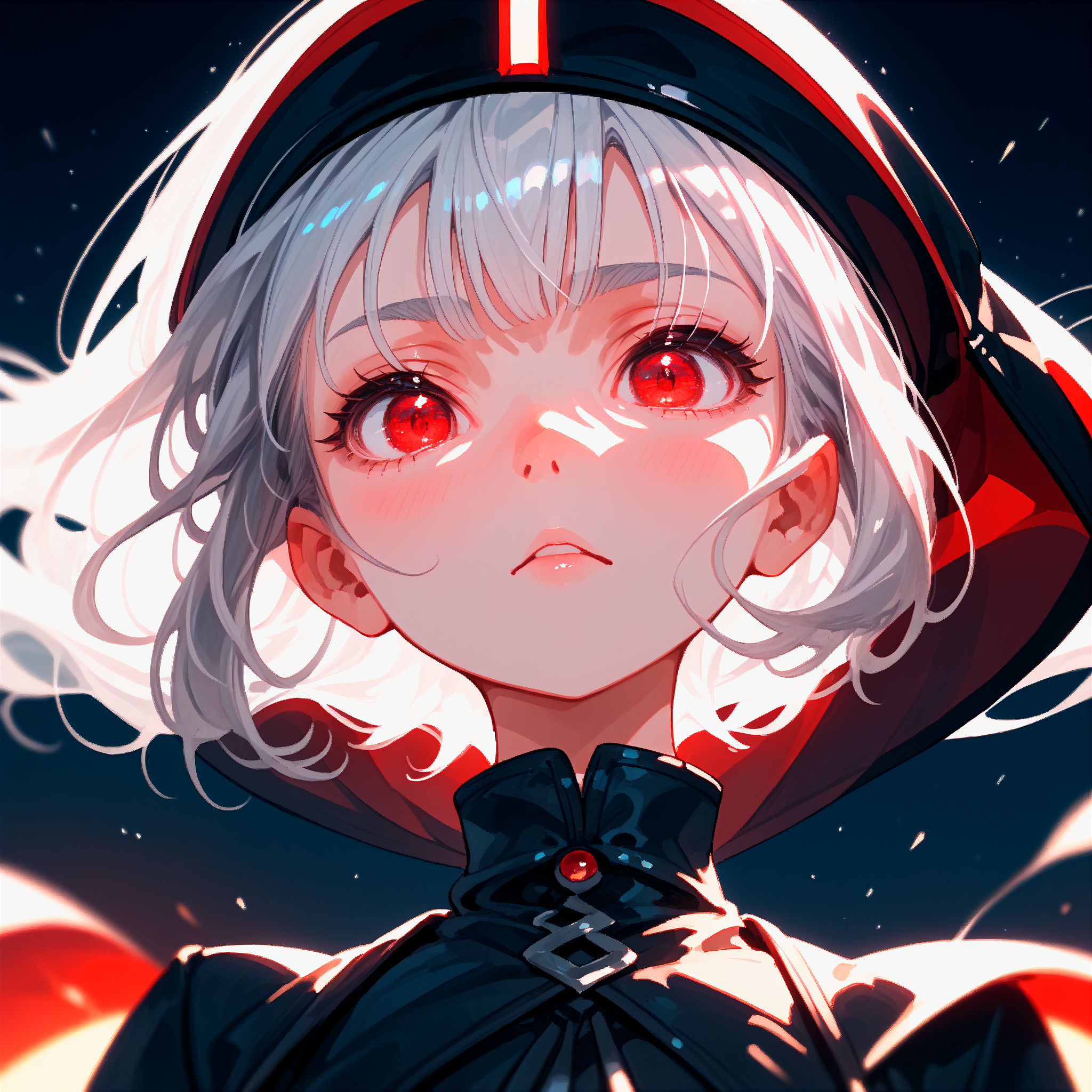 score_9, score_8_up, score_8, source_anime, zPDXL2, 1girl, solo, highly detailed eyes, face focus, close-up, silver hair, red eyes, <lora:GyozaPonyV2-03:1> , night, darkness, sunset, side lighting, high contrast