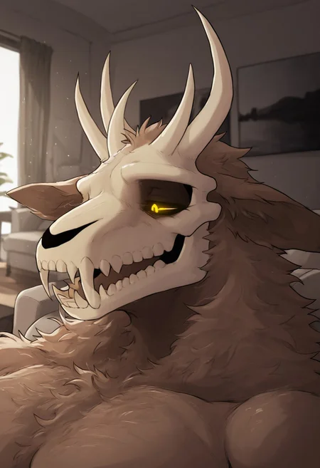 masterpiece, detailed background, best quality, absurd res, high detail, aesthetic, detailed eyes,
Becks, furry male, solo, demon, skullhead, animal ears, face focus, light brown fur,, muscular male, yellow eyes,
Indoors, living room, couch, morning, detailed background,