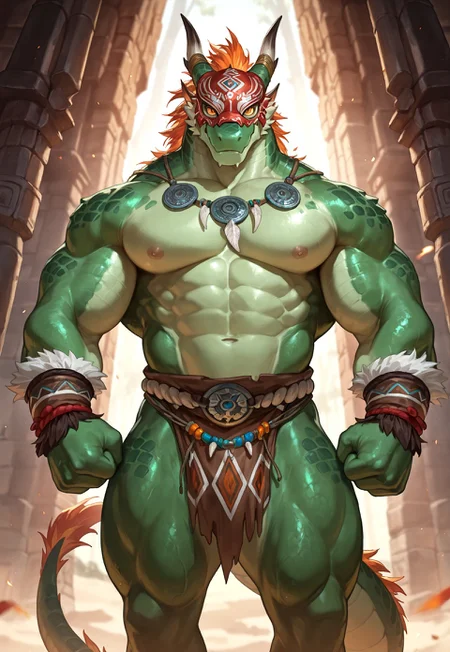  1 boy , alone,  human furry ，lizard，（  green scales :1.2），wilderness ，  strong muscles，  strong physique  ,   Perfect Anatomy ,   masterpiece,Dragon Tail,   orange eyes， scarred eyes，（Wear a white keel mask :1.2），is muscular，original tribal clothes，
 confident gesture，
 masterpiece, is the best quality,
