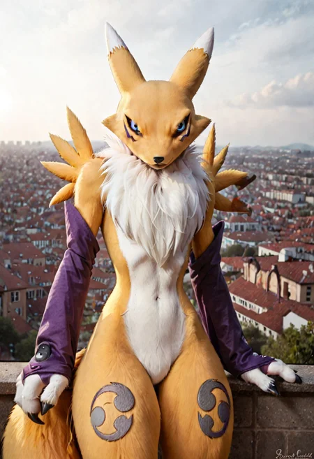score_9, score_8_up, score_7_up, score_6_up, score_5_up, score_4_up, BREAK, solo, 1girl, renamon, anthro, furry, furry female, furry body, detailed fur, realistic fur, yellow fur, blue eyes, black sclera, flat chest, thin waist, slender waist, thick thighs, huge thighs, (tail:1.5), dipstick tail, mostly nude, purple bridal gauntlets, no nipples, featureless crotch, action pose, dynamic pose, rooftop, photorealistic, hyperrealism, photography, real life
