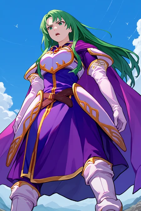 score_9, score_8_up, score_7_up, score_6_up, source_anime, BREAK 1girl, solo, <lora:fececilia-pdxl-nvwls-v1:1> defCeci, green hair, green eyes, purple cape, brooch, armored dress, purple dress, elbow gloves, white gloves, belt, white boots, open mouth, serious, dynamic pose, from below, from below, kneeling, blue sky