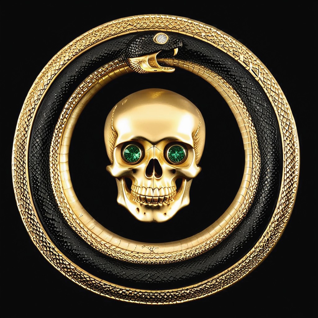 Black and gold medallion, a skull and crossbones symbol in the center of the medallion, skull_graphics,  a black ouroboros on the outer edge of the medallion. the boarder around the medallion is a snake eating its tail, intricate engraved black background, very detailed, high resolution. Rubies are used for the skull eyes. A green emerald is used for the snake’s eye.