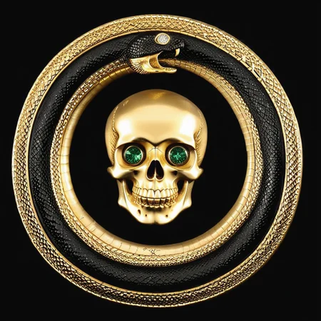Black and gold medallion, a skull and crossbones symbol in the center of the medallion, skull_graphics, a black ouroboros on the outer edge of the medallion. the boarder around the medallion is a snake eating its tail, intricate engraved black background, very detailed, high resolution. Rubies are used for the skull eyes. A green emerald is used for the snake’s eye.