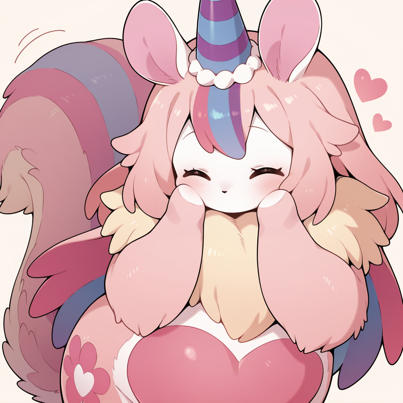 melffy mommy, party hat, no humans, closed eyes, solo, blush, heart, ^ ^, simple background, happy, animal focus, pink fur, hands up, animal nose, no mouth,
masterpiece,best quality,amazing quality,very aesthetic,absurdres,newest,<lora:Melffy Mommy illuXL v1.1:0.75>,